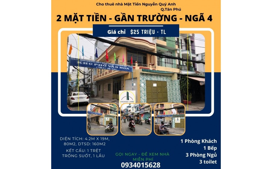 Cho thuê nhà 2 Mặt Tiền Nguyễn Quý Anh 80m2, 1Lầu, 25Triệu